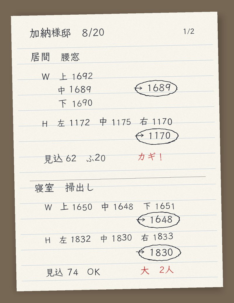 手書きの採寸メモ。居間の腰窓と寝室の掃き出しの幅と高さが3か所ずつ書かれ、いちばん小さい数に丸。「ふ20」の書き込みと、赤い字の「カギ！」「大 2人」