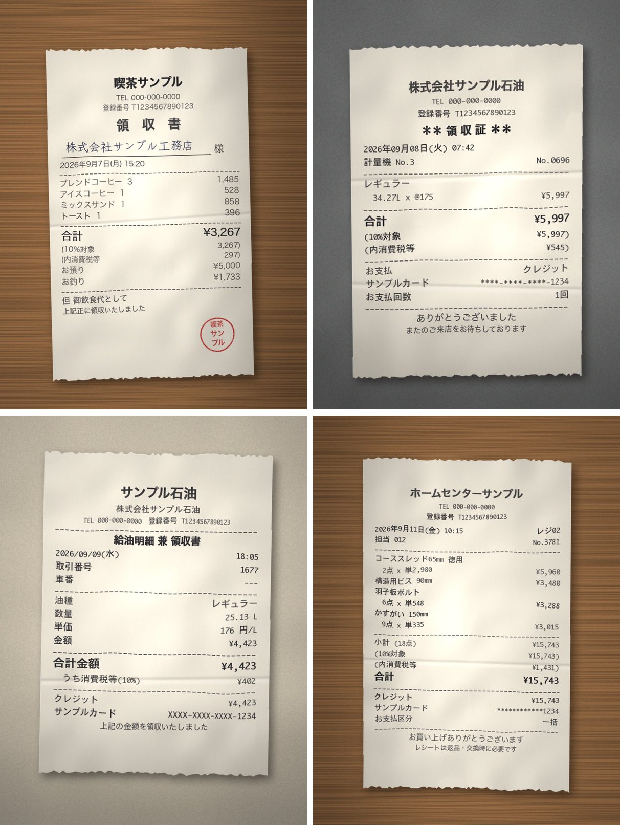 領収書4枚。喫茶店、ガソリンスタンド2枚、ホームセンター