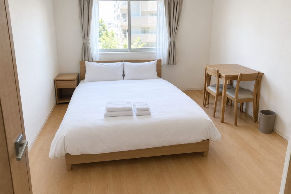 掃除のあとの部屋1。ベッドの上にタオル、窓ぎわにテーブルと椅子